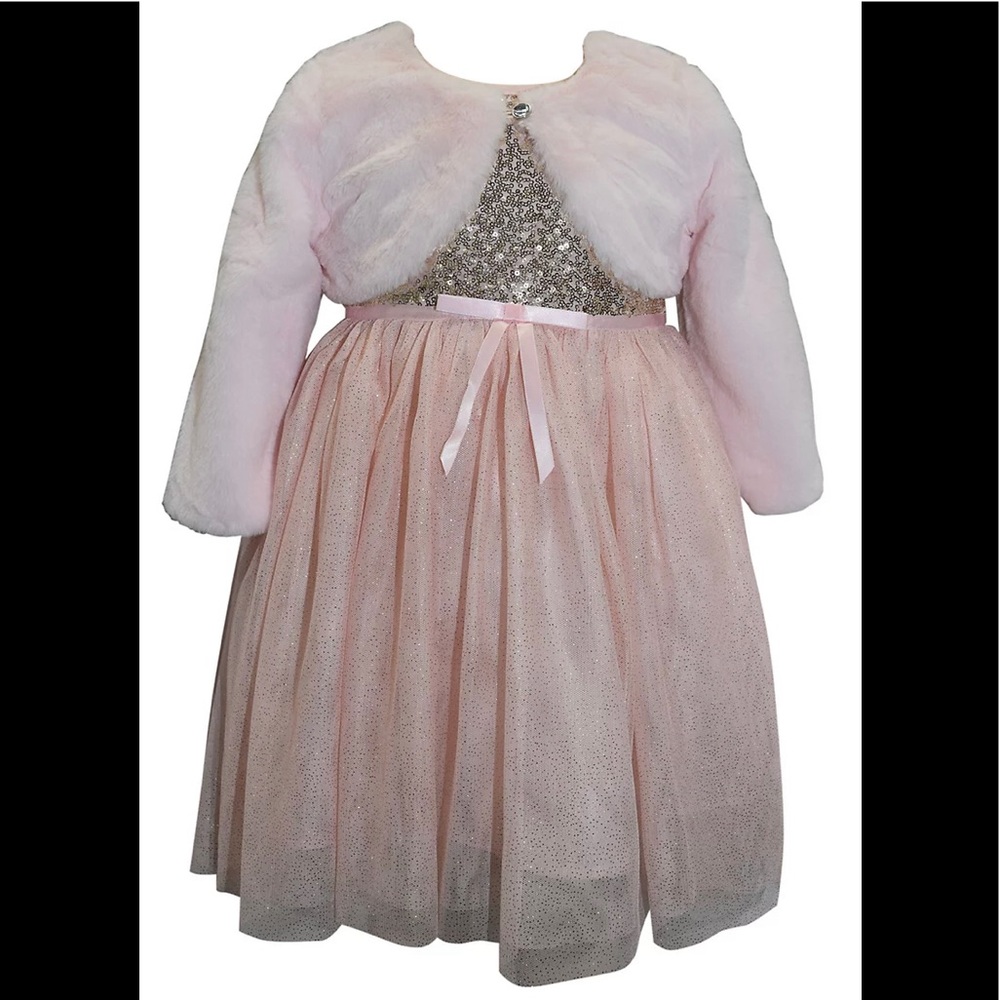 Girls Blueberi Boulevard Sequin Bodice Dress with Faux Fur Shrug Size 6 Pink